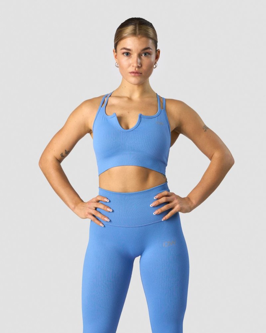 Dame ICIW Sport-Bh | Ribbed Define Seamless Strappy Bra Pacific Blue