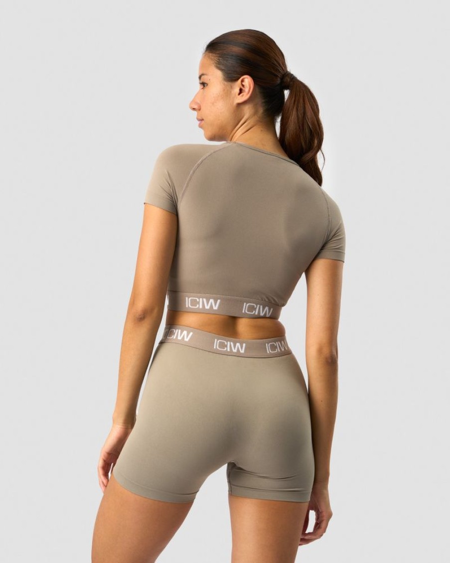 Dame ICIW Seamless | Define Seamless Logo T-Shirt Crop Top Taupe