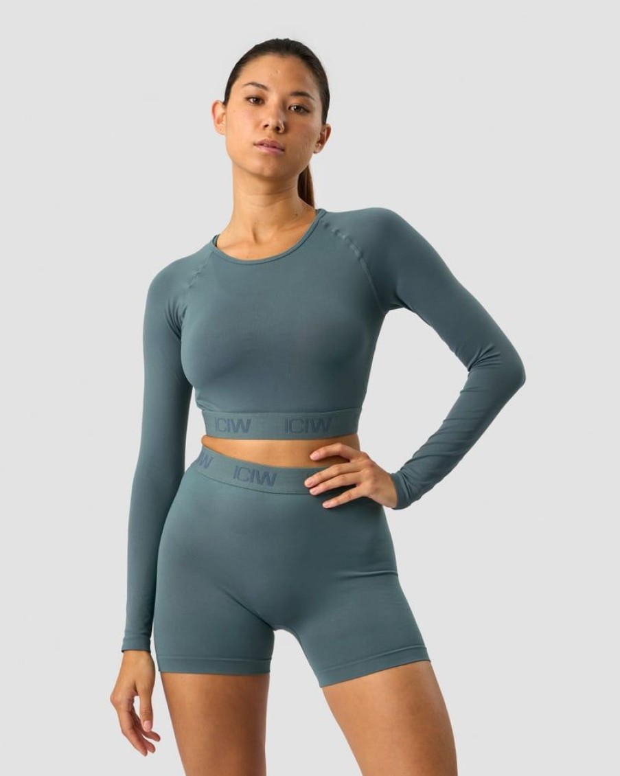 Dame ICIW Seamless | Define Seamless Logo Long Sleeve Crop Top Jungle Green