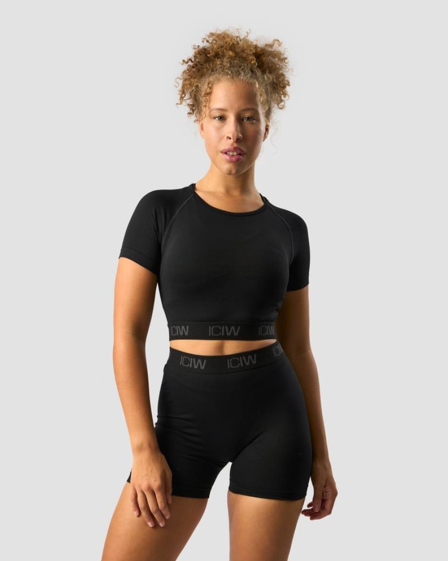 Dame ICIW Seamless | Define Seamless Logo T-Shirt Crop Top Black