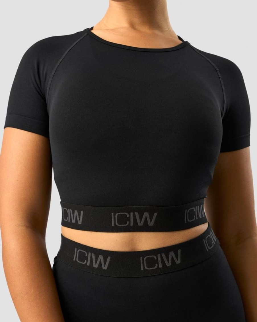 Dame ICIW Seamless | Define Seamless Logo T-Shirt Crop Top Black